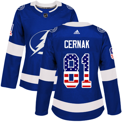 Adidas Tampa Bay Lightning #81 Erik Cernak Blue Home Authentic USA Flag Women Stitched NHL Jersey